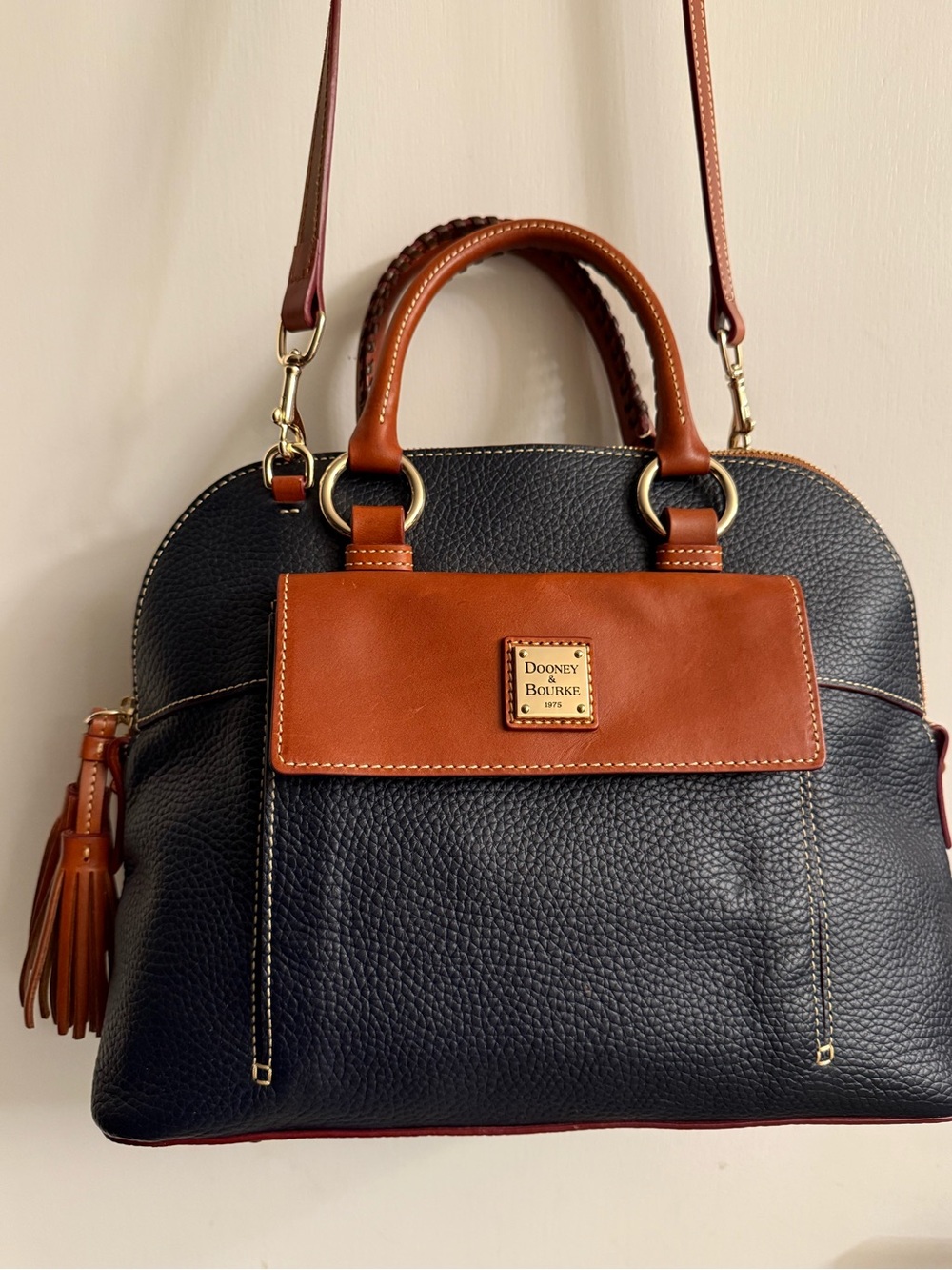 Dooney & Bourke Midnight Blue and Brown Pebbled Leather Satchel with Tassel